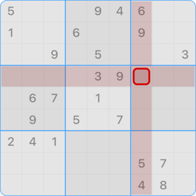 9x9 Sudoku with highlighted row, column and cell