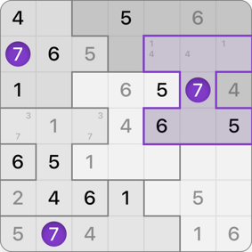 7x7 Jigsaw Sudoku solution step 8