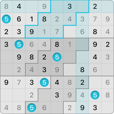 9x9 Stair Steps Sudoku puzzle solving guide step 12.1