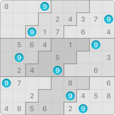 9x9 Stair Steps Sudoku puzzle solving guide step 4